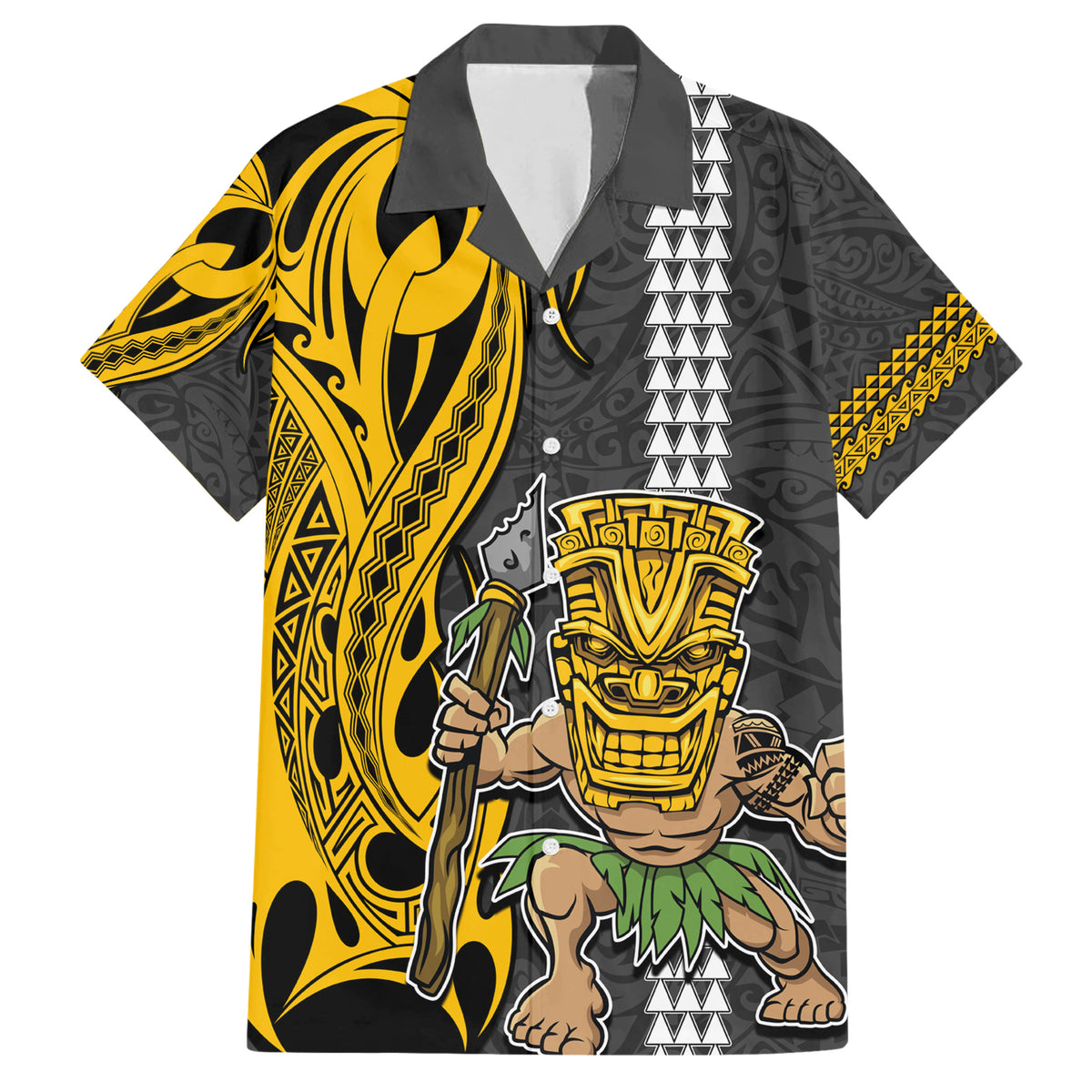 Hawaii Island Family Matching Short Sleeve Bodycon Dress and Hawaiian Shirt Hawaiian Warrior and Kakau Symbols Abstract Tattoo LT03 Dad's Shirt - Short Sleeve Yellow - Polynesian Pride