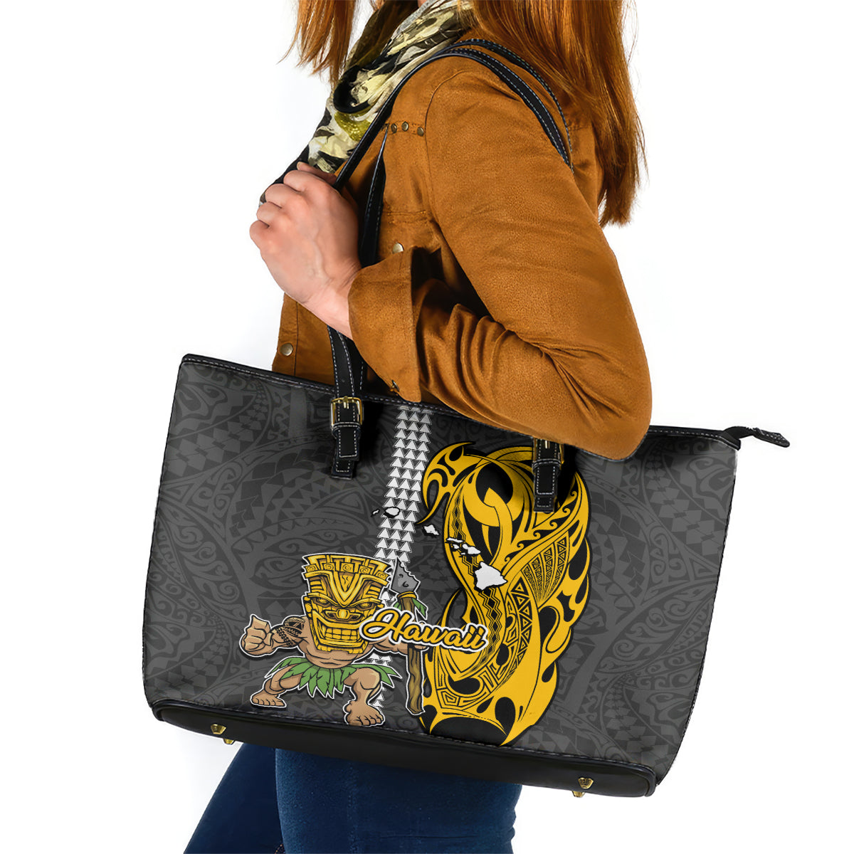 Hawaii Island Leather Tote Bag Hawaiian Warrior and Kakau Symbols Abstract Tattoo LT03 Yellow - Polynesian Pride