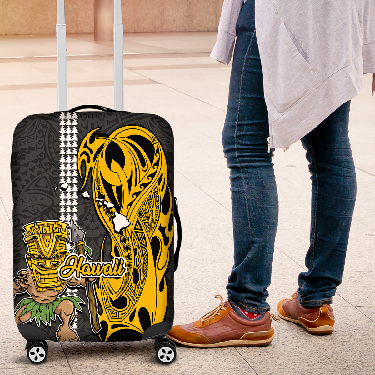 Hawaii Island Luggage Cover Hawaiian Warrior and Kakau Symbols Abstract Tattoo LT03 Yellow - Polynesian Pride