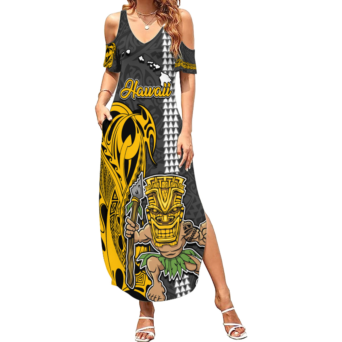 Hawaii Island Summer Maxi Dress Hawaiian Warrior and Kakau Symbols Abstract Tattoo LT03 Women Yellow - Polynesian Pride