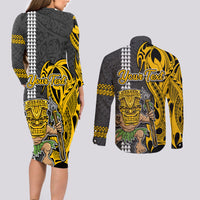 Custom Hawaii Island Couples Matching Long Sleeve Bodycon Dress and Long Sleeve Button Shirts Hawaiian Warrior and Kakau Symbols Abstract Tattoo LT03 - Polynesian Pride