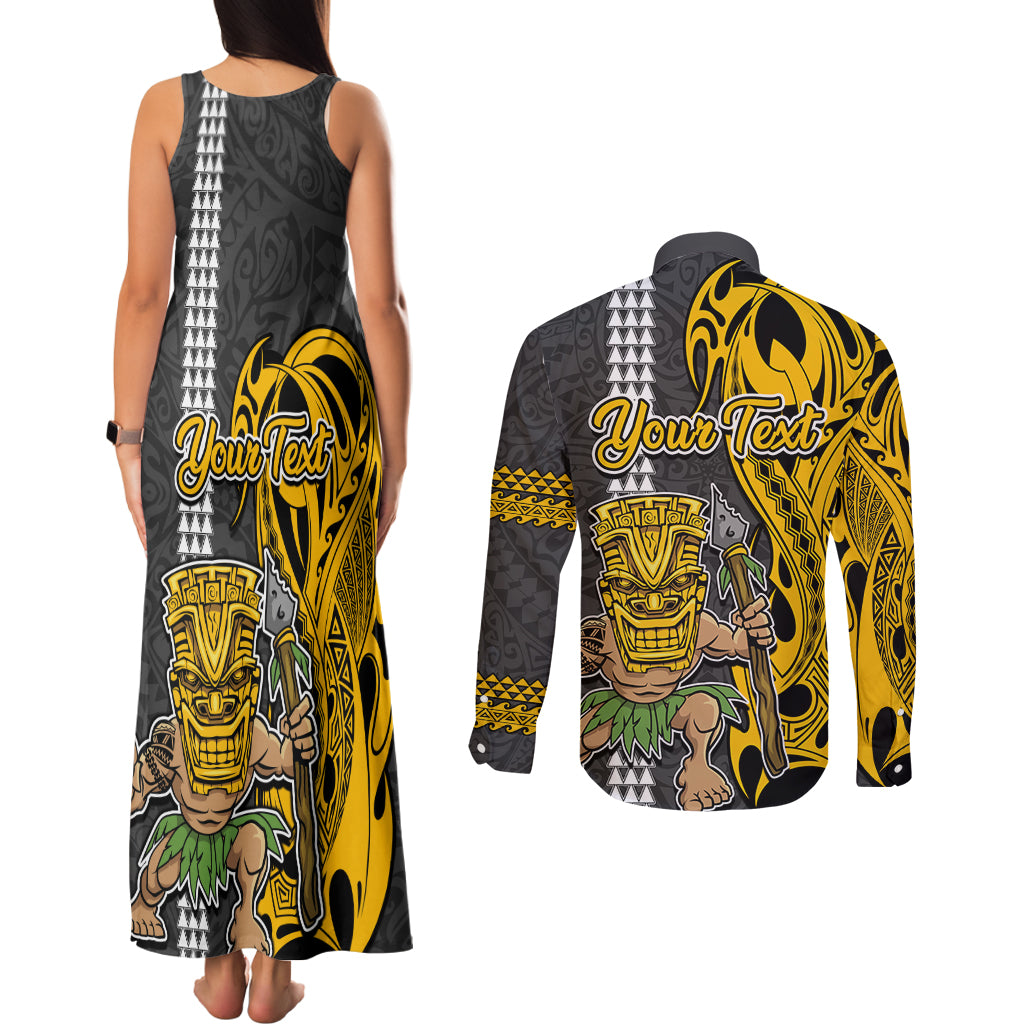 Custom Hawaii Island Couples Matching Tank Maxi Dress and Long Sleeve Button Shirts Hawaiian Warrior and Kakau Symbols Abstract Tattoo LT03 - Polynesian Pride
