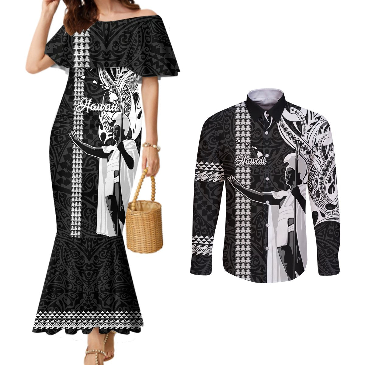 Hawaii Island Couples Matching Mermaid Dress and Long Sleeve Button Shirts Hawaiian King and Kakau Symbols Abstract Shoulder Tattoo LT03 Black - Polynesian Pride