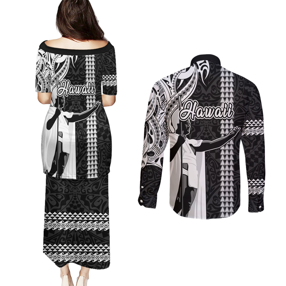 Hawaii Island Couples Matching Puletasi Dress and Long Sleeve Button Shirts Hawaiian King and Kakau Symbols Abstract Shoulder Tattoo LT03 - Polynesian Pride