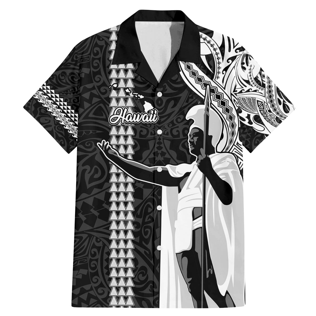 Hawaii Island Family Matching Mermaid Dress and Hawaiian Shirt Hawaiian King and Kakau Symbols Abstract Shoulder Tattoo LT03 Dad's Shirt - Short Sleeve Black - Polynesian Pride