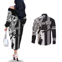 Custom Hawaii Island Couples Matching Off The Shoulder Long Sleeve Dress and Long Sleeve Button Shirts Hawaiian King and Kakau Symbols Abstract Shoulder Tattoo LT03 - Polynesian Pride