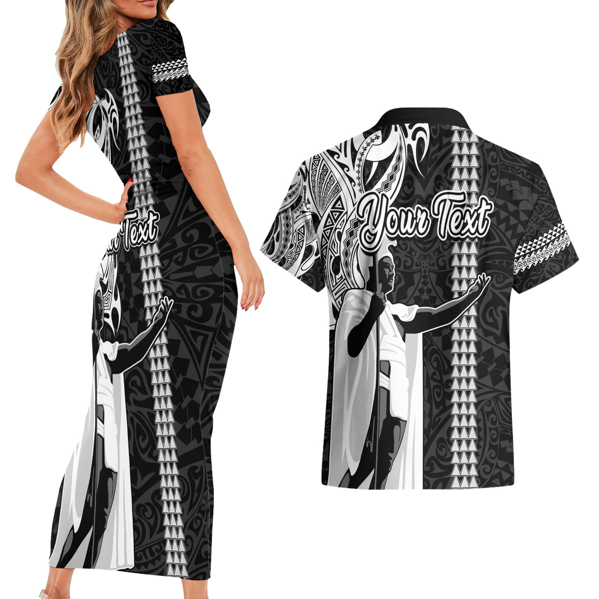 Custom Hawaii Island Couples Matching Short Sleeve Bodycon Dress and Hawaiian Shirt Hawaiian King and Kakau Symbols Abstract Shoulder Tattoo LT03 - Polynesian Pride