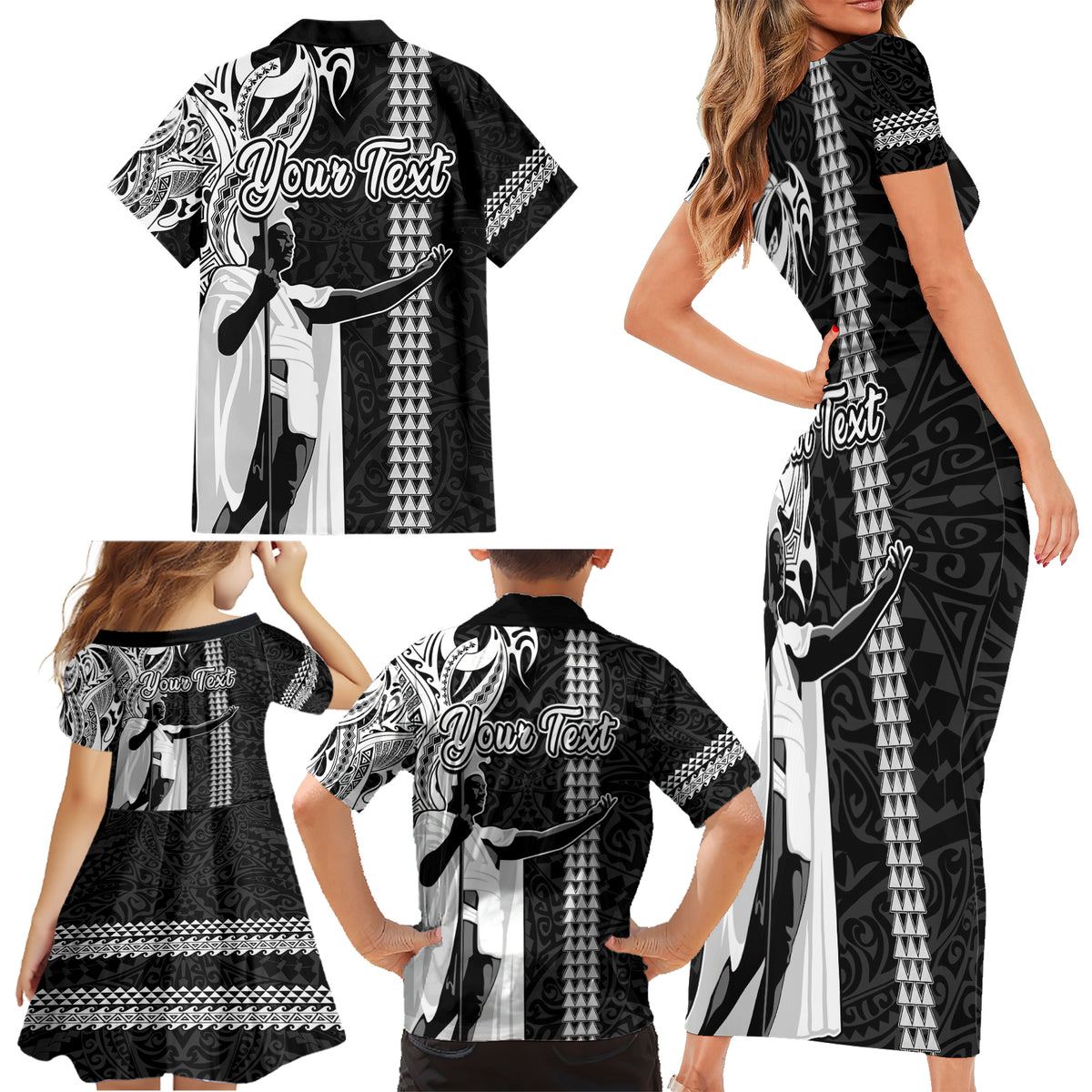 Custom Hawaii Island Family Matching Short Sleeve Bodycon Dress and Hawaiian Shirt Hawaiian King and Kakau Symbols Abstract Shoulder Tattoo LT03 - Polynesian Pride