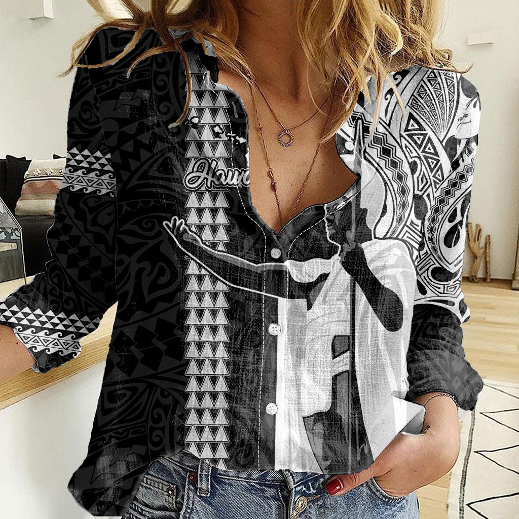 Custom Hawaii Island Women Casual Shirt Hawaiian King and Kakau Symbols Abstract Shoulder Tattoo LT03 Female Black - Polynesian Pride