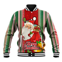 Kiribati Christmas Baseball Jacket Santa With Gift Bag Behind Ribbons Seamless Red Maori LT03 Unisex Red - Polynesian Pride