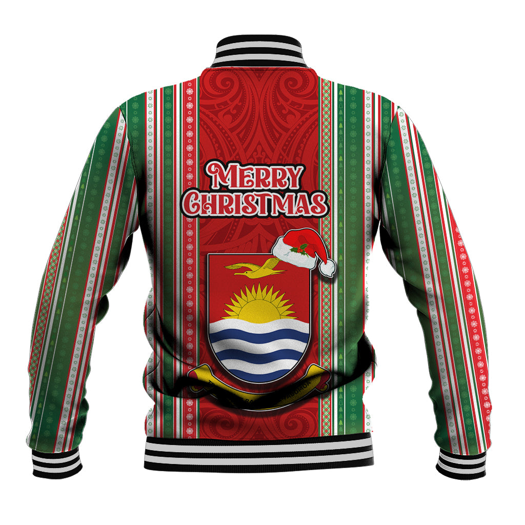 Kiribati Christmas Baseball Jacket Santa With Gift Bag Behind Ribbons Seamless Red Maori LT03 - Polynesian Pride