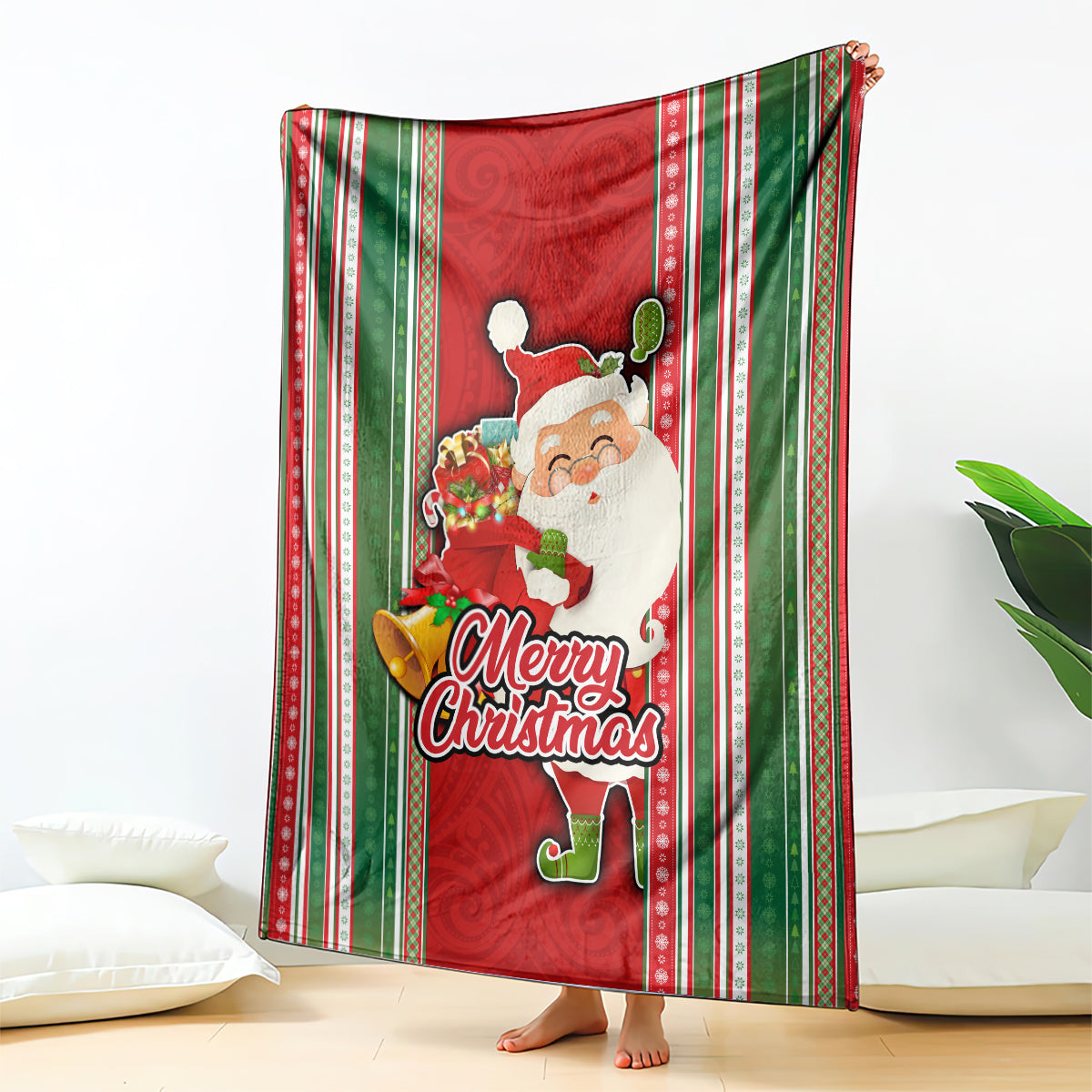 Kiribati Christmas Blanket Santa With Gift Bag Behind Ribbons Seamless Red Maori LT03 Red - Polynesian Pride