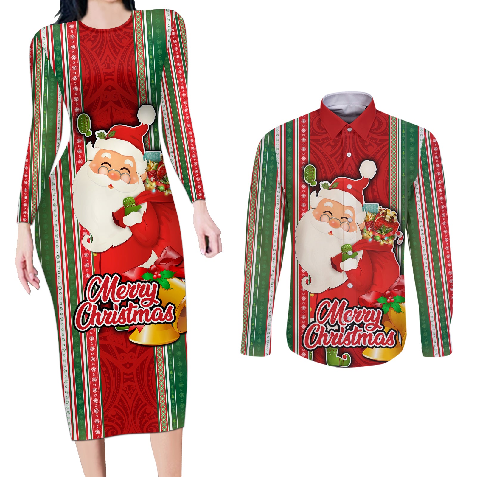 Kiribati Christmas Couples Matching Long Sleeve Bodycon Dress and Long Sleeve Button Shirts Santa With Gift Bag Behind Ribbons Seamless Red Maori LT03 Red - Polynesian Pride