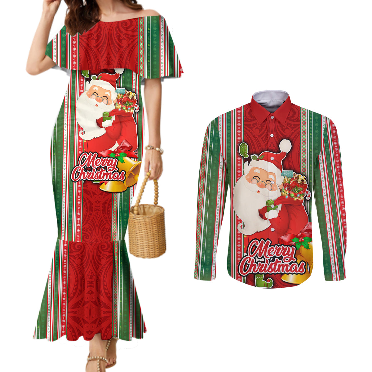 Kiribati Christmas Couples Matching Mermaid Dress and Long Sleeve Button Shirts Santa With Gift Bag Behind Ribbons Seamless Red Maori LT03 Red - Polynesian Pride