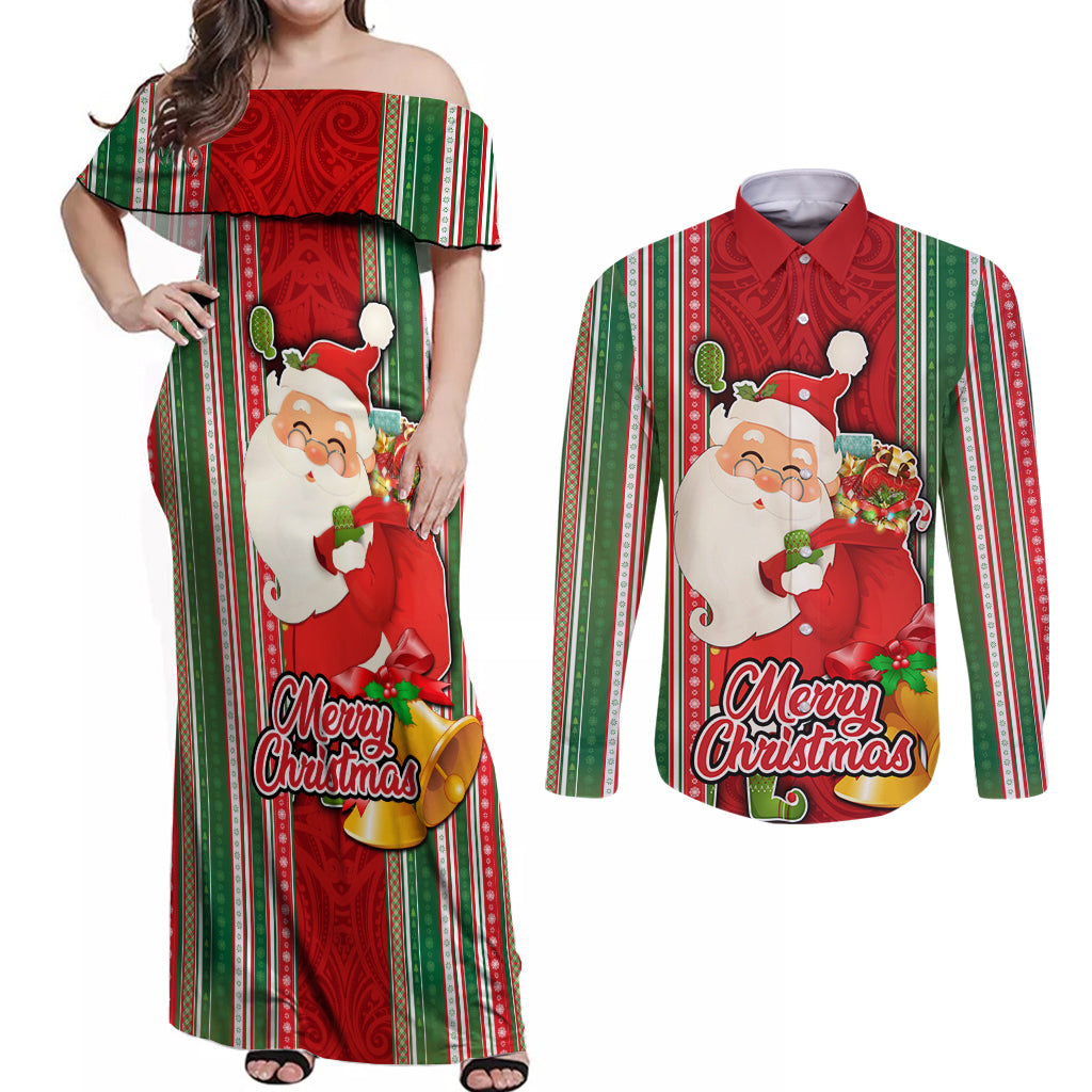 Kiribati Christmas Couples Matching Off Shoulder Maxi Dress and Long Sleeve Button Shirts Santa With Gift Bag Behind Ribbons Seamless Red Maori LT03 Red - Polynesian Pride