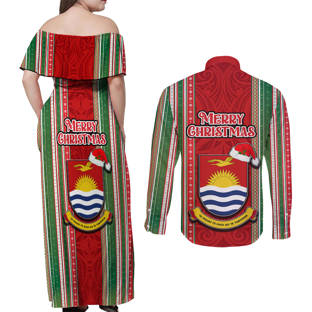 Kiribati Christmas Couples Matching Off Shoulder Maxi Dress and Long Sleeve Button Shirts Santa With Gift Bag Behind Ribbons Seamless Red Maori LT03 - Polynesian Pride