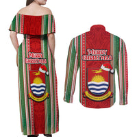 Kiribati Christmas Couples Matching Off Shoulder Maxi Dress and Long Sleeve Button Shirts Santa With Gift Bag Behind Ribbons Seamless Red Maori LT03 - Polynesian Pride