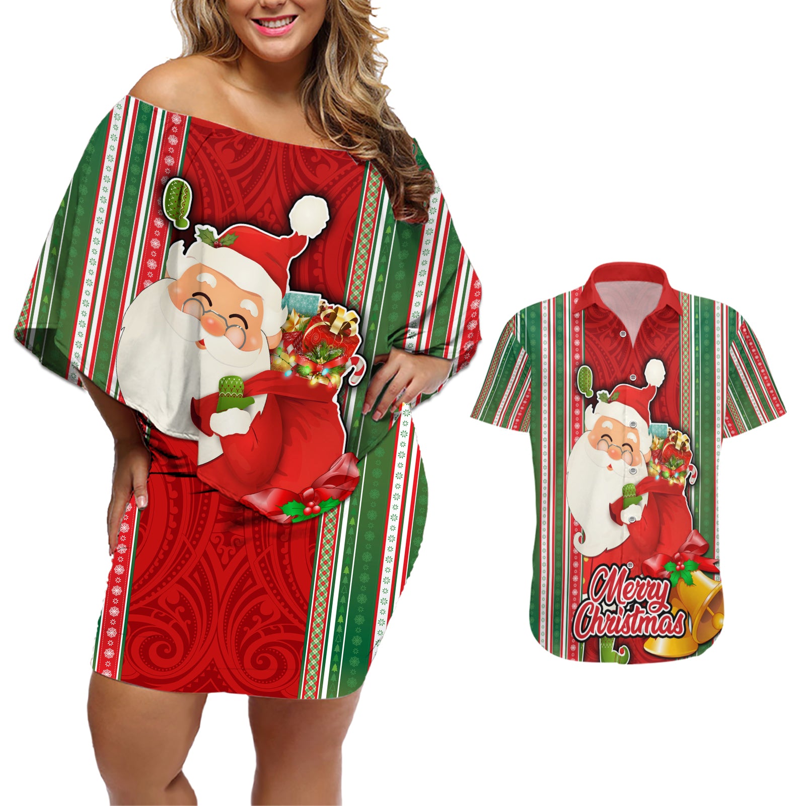 Kiribati Christmas Couples Matching Off Shoulder Short Dress and Hawaiian Shirt Santa With Gift Bag Behind Ribbons Seamless Red Maori LT03 Red - Polynesian Pride