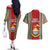 Kiribati Christmas Couples Matching Off The Shoulder Long Sleeve Dress and Hawaiian Shirt Santa With Gift Bag Behind Ribbons Seamless Red Maori LT03 - Polynesian Pride