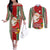 Kiribati Christmas Couples Matching Off The Shoulder Long Sleeve Dress and Long Sleeve Button Shirts Santa With Gift Bag Behind Ribbons Seamless Red Maori LT03 Red - Polynesian Pride