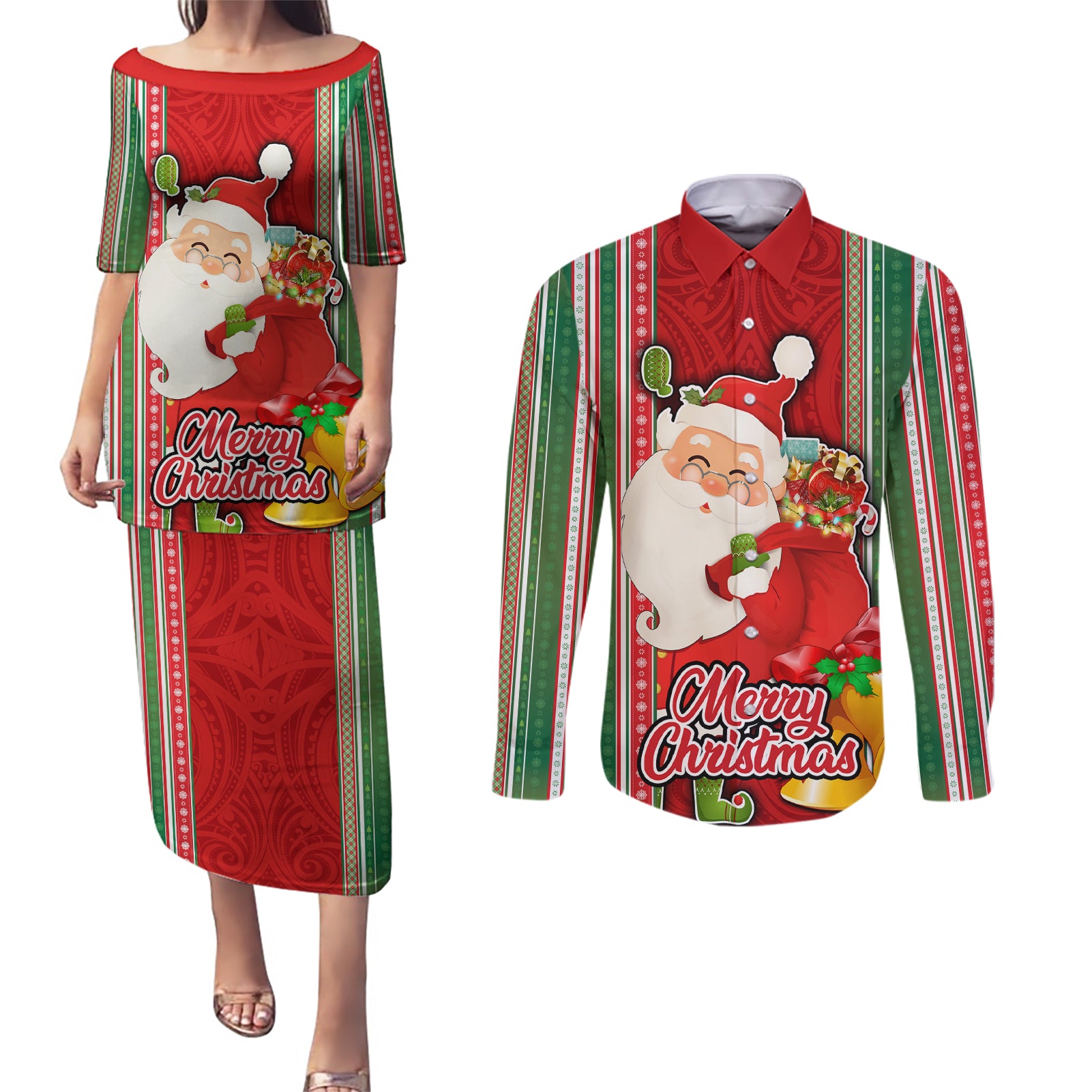 Kiribati Christmas Couples Matching Puletasi Dress and Long Sleeve Button Shirts Santa With Gift Bag Behind Ribbons Seamless Red Maori LT03 Red - Polynesian Pride