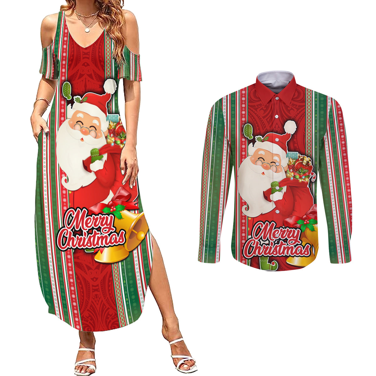 Kiribati Christmas Couples Matching Summer Maxi Dress and Long Sleeve Button Shirts Santa With Gift Bag Behind Ribbons Seamless Red Maori LT03 Red - Polynesian Pride