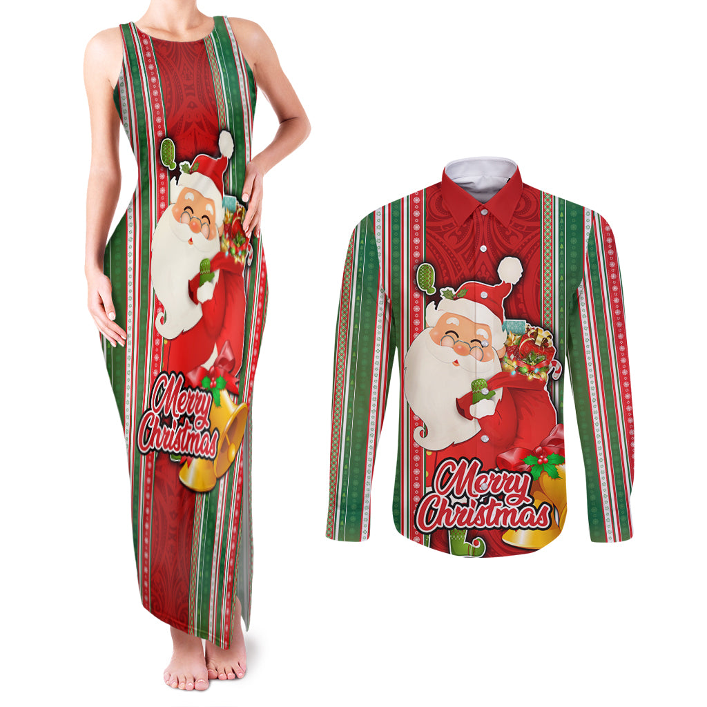 Kiribati Christmas Couples Matching Tank Maxi Dress and Long Sleeve Button Shirts Santa With Gift Bag Behind Ribbons Seamless Red Maori LT03 Red - Polynesian Pride