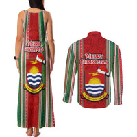 Kiribati Christmas Couples Matching Tank Maxi Dress and Long Sleeve Button Shirts Santa With Gift Bag Behind Ribbons Seamless Red Maori LT03 - Polynesian Pride