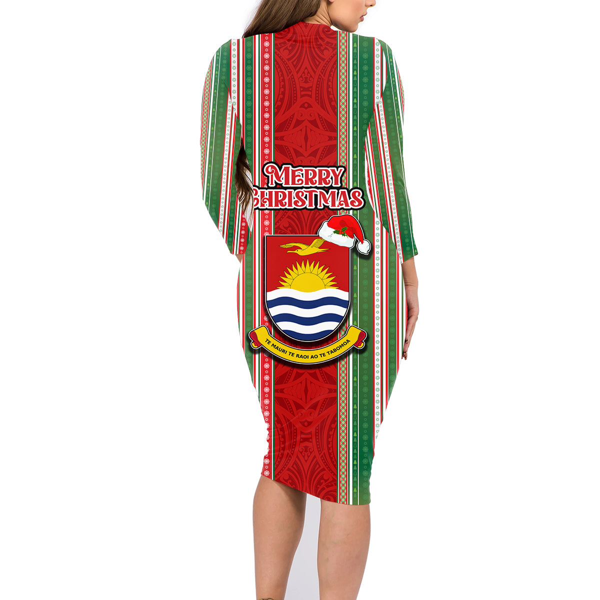 Kiribati Christmas Family Matching Long Sleeve Bodycon Dress and Hawaiian Shirt Santa With Gift Bag Behind Ribbons Seamless Red Maori LT03 - Polynesian Pride