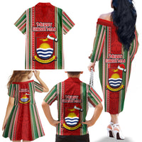 Kiribati Christmas Family Matching Off Shoulder Long Sleeve Dress and Hawaiian Shirt Santa With Gift Bag Behind Ribbons Seamless Red Maori LT03 - Polynesian Pride