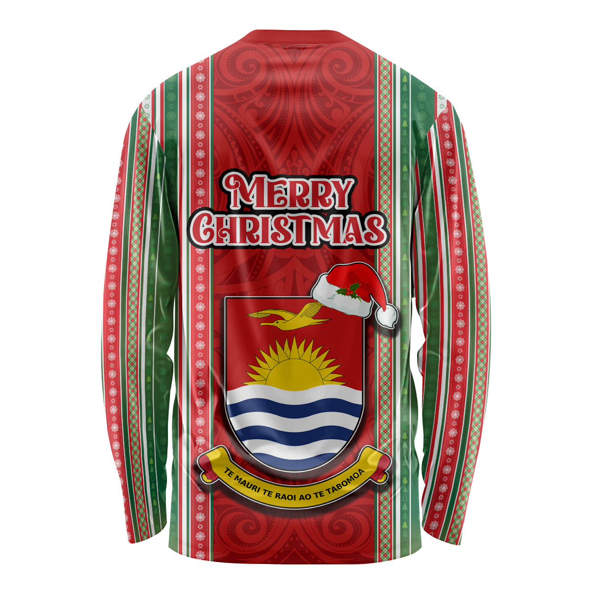 Kiribati Christmas Long Sleeve Shirt Santa With Gift Bag Behind Ribbons Seamless Red Maori LT03 - Polynesian Pride