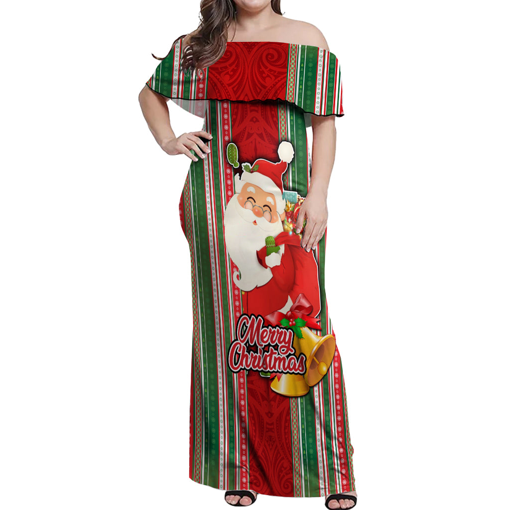 Kiribati Christmas Off Shoulder Maxi Dress Santa With Gift Bag Behind Ribbons Seamless Red Maori LT03 Women Red - Polynesian Pride