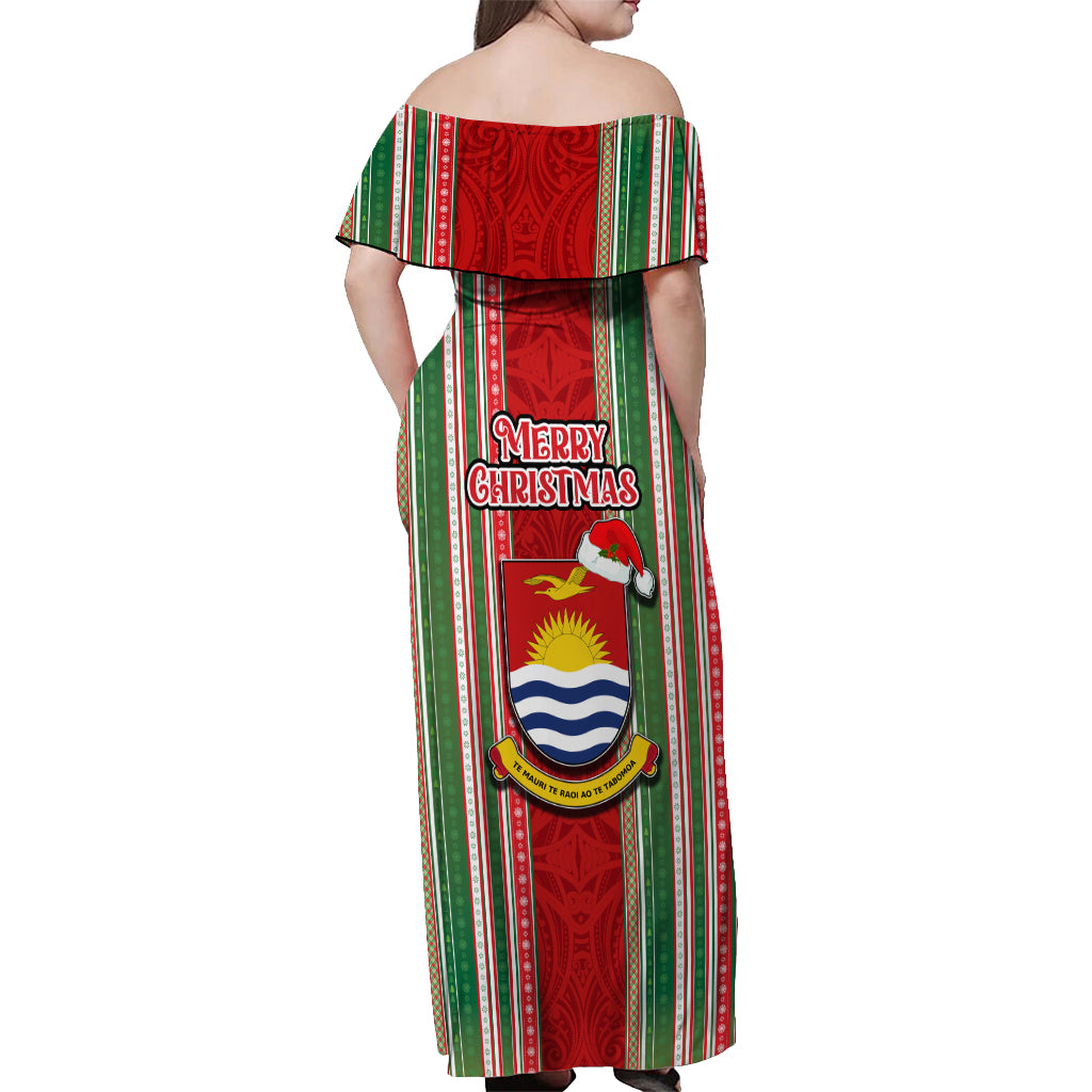 Kiribati Christmas Off Shoulder Maxi Dress Santa With Gift Bag Behind Ribbons Seamless Red Maori LT03 - Polynesian Pride