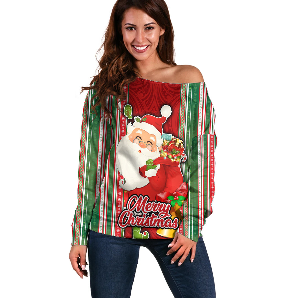 Kiribati Christmas Off Shoulder Sweater Santa With Gift Bag Behind Ribbons Seamless Red Maori LT03 Women Red - Polynesian Pride