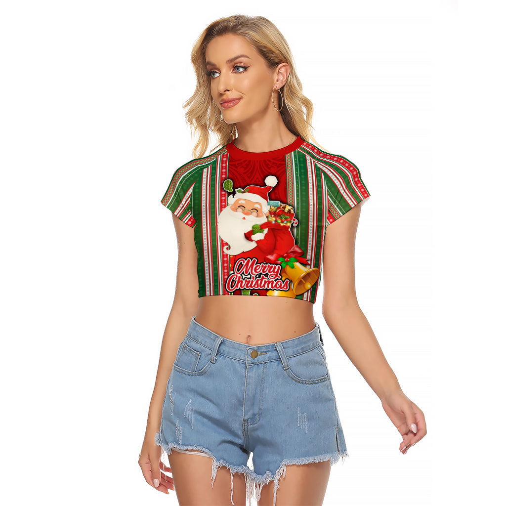 Kiribati Christmas Raglan Cropped T Shirt Santa With Gift Bag Behind Ribbons Seamless Red Maori LT03 Female Red - Polynesian Pride