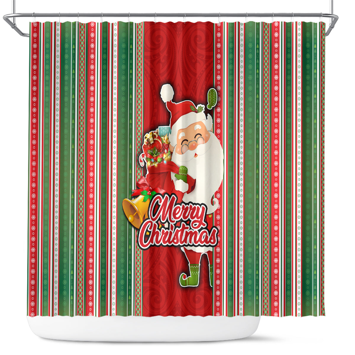 Kiribati Christmas Shower Curtain Santa With Gift Bag Behind Ribbons Seamless Red Maori LT03 Red - Polynesian Pride