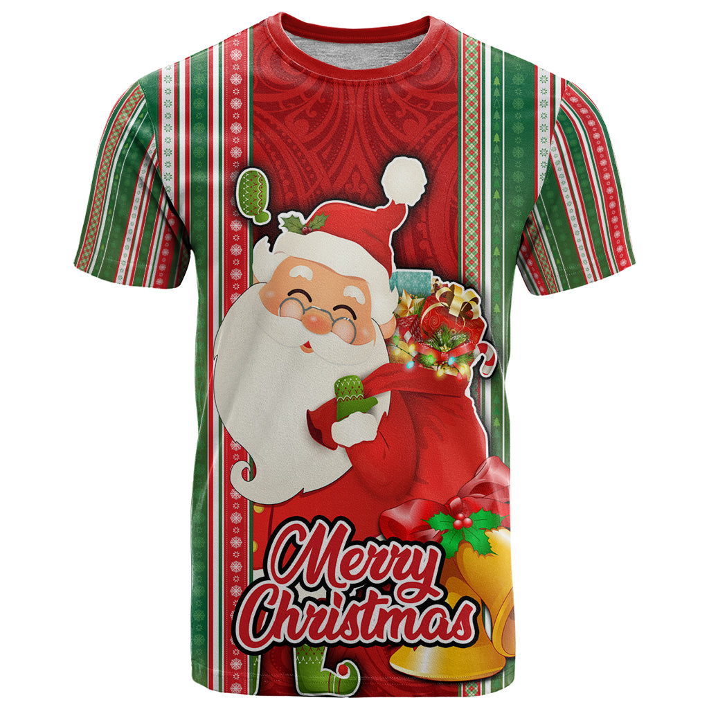Kiribati Christmas T Shirt Santa With Gift Bag Behind Ribbons Seamless Red Maori LT03 Red - Polynesian Pride