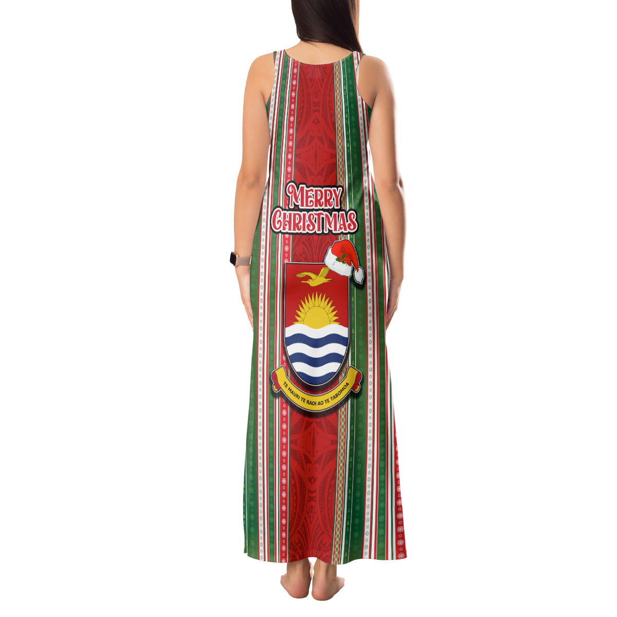 Kiribati Christmas Tank Maxi Dress Santa With Gift Bag Behind Ribbons Seamless Red Maori LT03 - Polynesian Pride