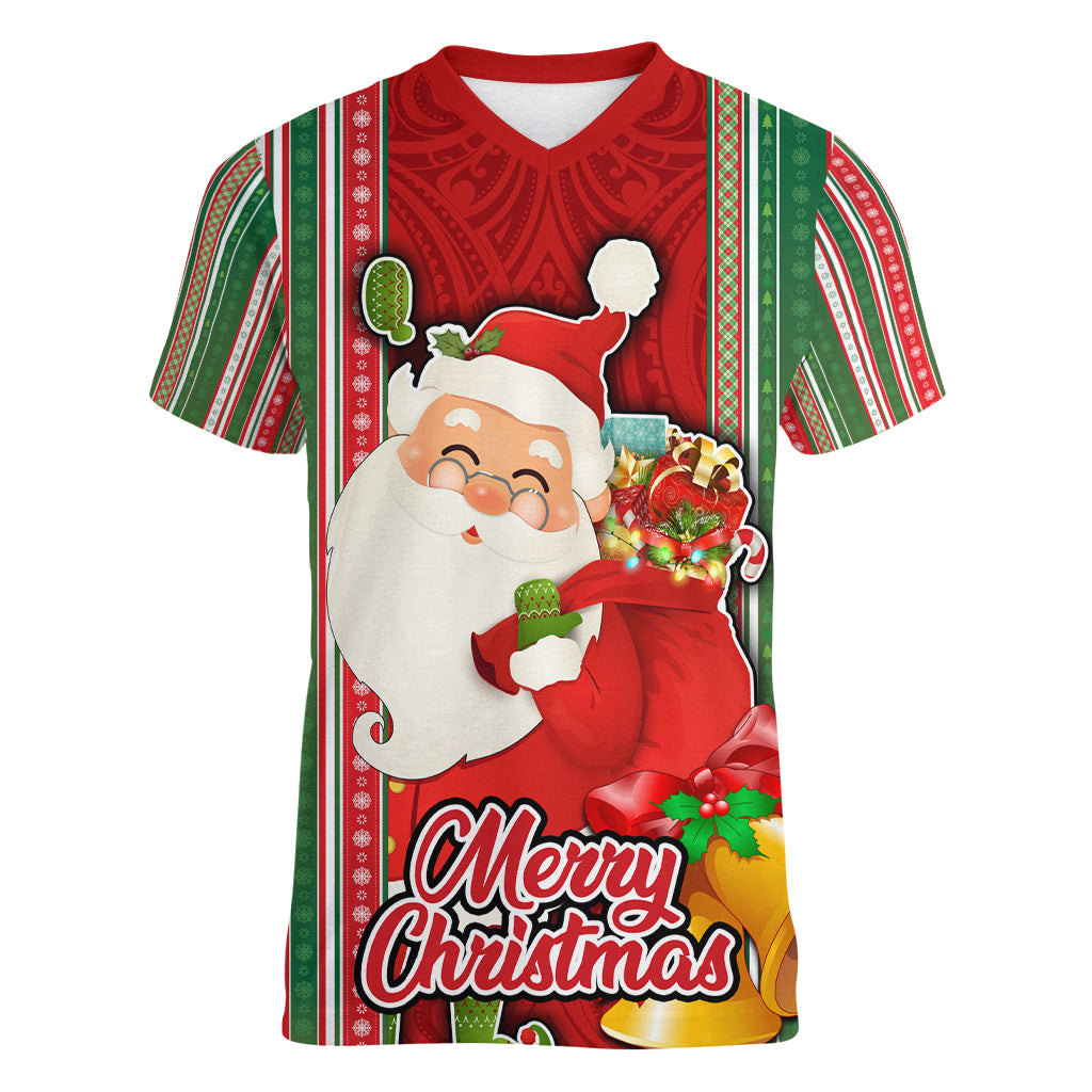 Kiribati Christmas Women V Neck T Shirt Santa With Gift Bag Behind Ribbons Seamless Red Maori LT03 Female Red - Polynesian Pride