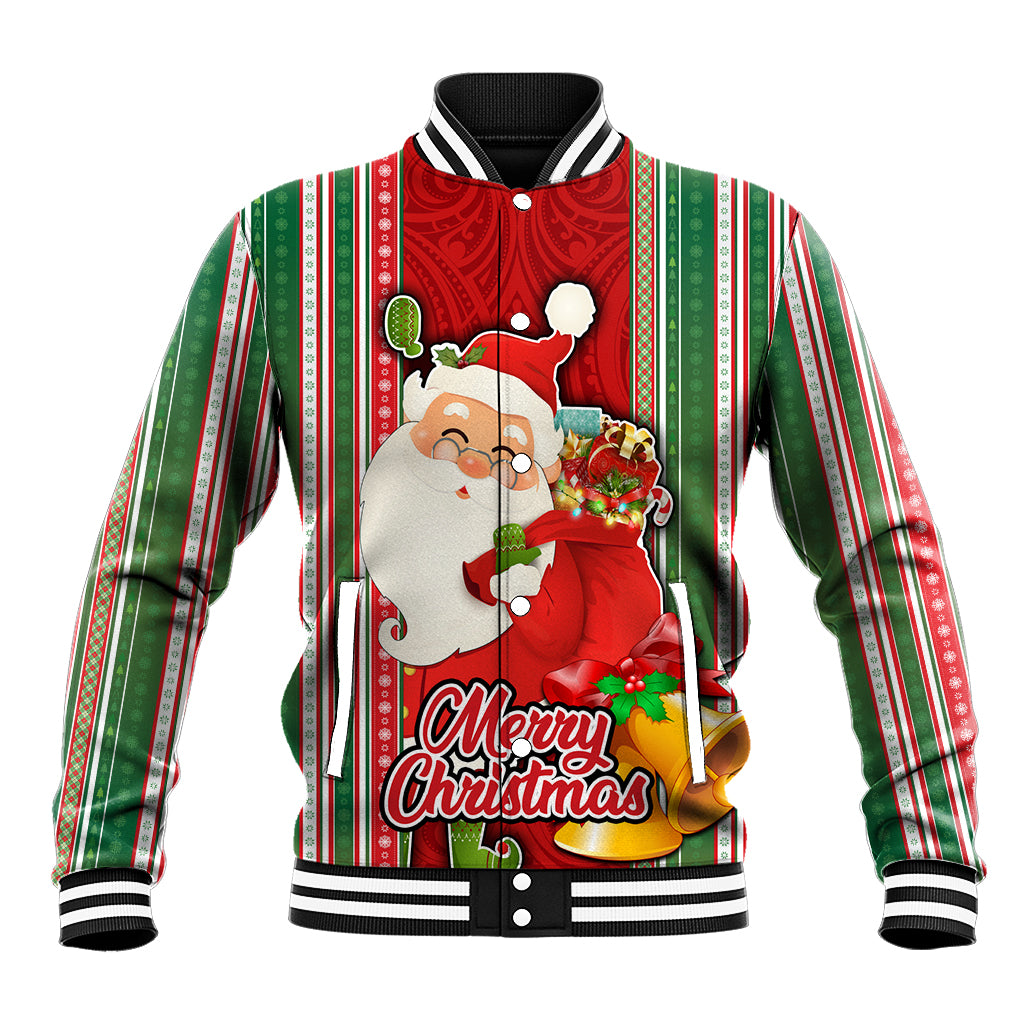 Custom Kiribati Christmas Baseball Jacket Santa With Gift Bag Behind Ribbons Seamless Red Maori LT03 Unisex Red - Polynesian Pride