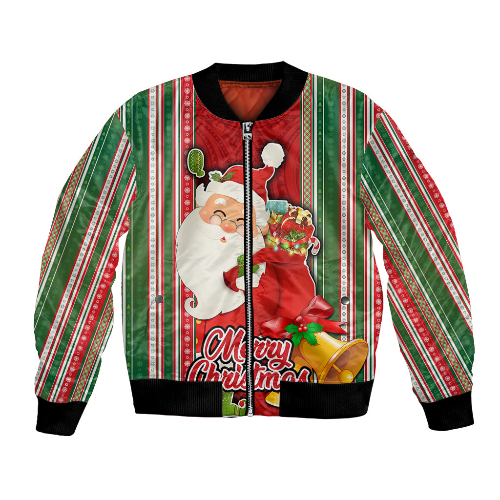 Custom Kiribati Christmas Bomber Jacket Santa With Gift Bag Behind Ribbons Seamless Red Maori LT03 Unisex Red - Polynesian Pride