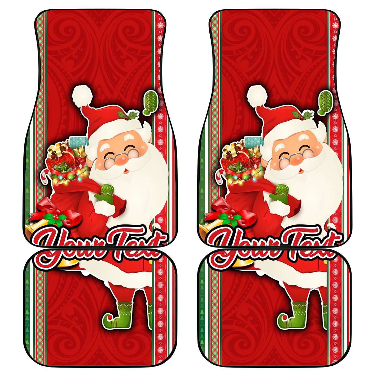 Custom Kiribati Christmas Car Mats Santa With Gift Bag Behind Ribbons Seamless Red Maori LT03 Red - Polynesian Pride