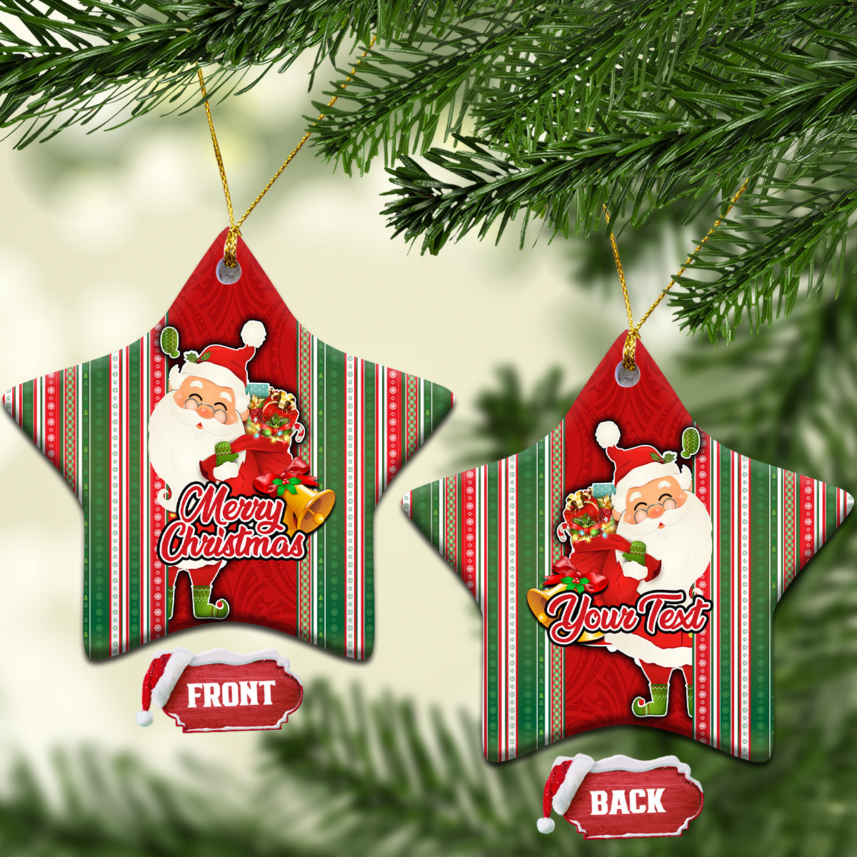Custom Kiribati Christmas Ceramic Ornament Santa With Gift Bag Behind Ribbons Seamless Red Maori LT03 - Polynesian Pride
