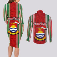 Custom Kiribati Christmas Couples Matching Long Sleeve Bodycon Dress and Long Sleeve Button Shirts Santa With Gift Bag Behind Ribbons Seamless Red Maori LT03 - Polynesian Pride