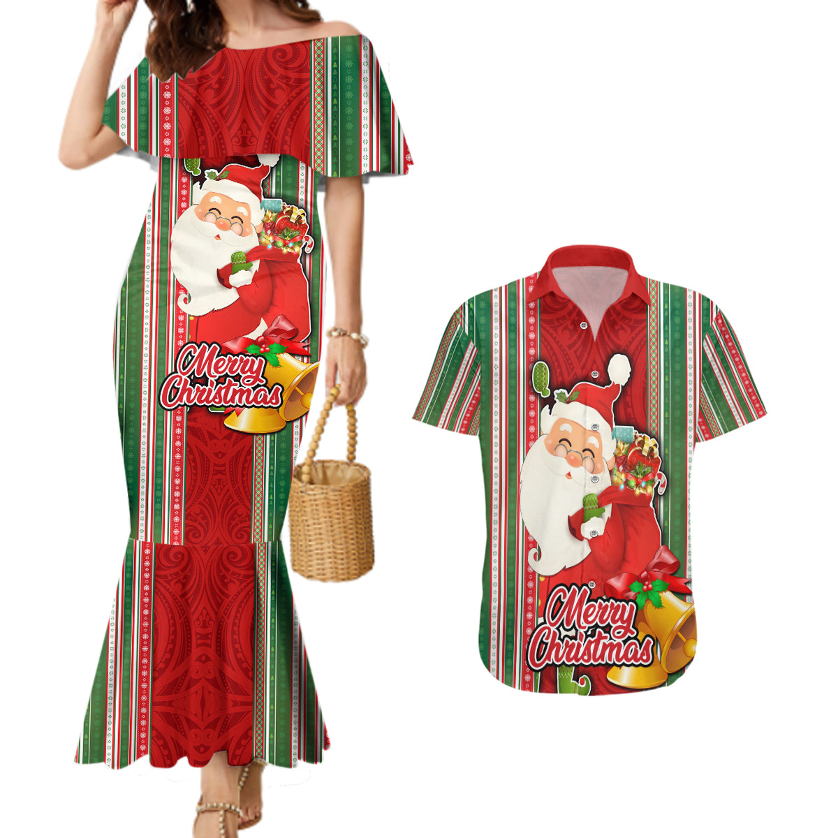 Custom Kiribati Christmas Couples Matching Mermaid Dress and Hawaiian Shirt Santa With Gift Bag Behind Ribbons Seamless Red Maori LT03 Red - Polynesian Pride