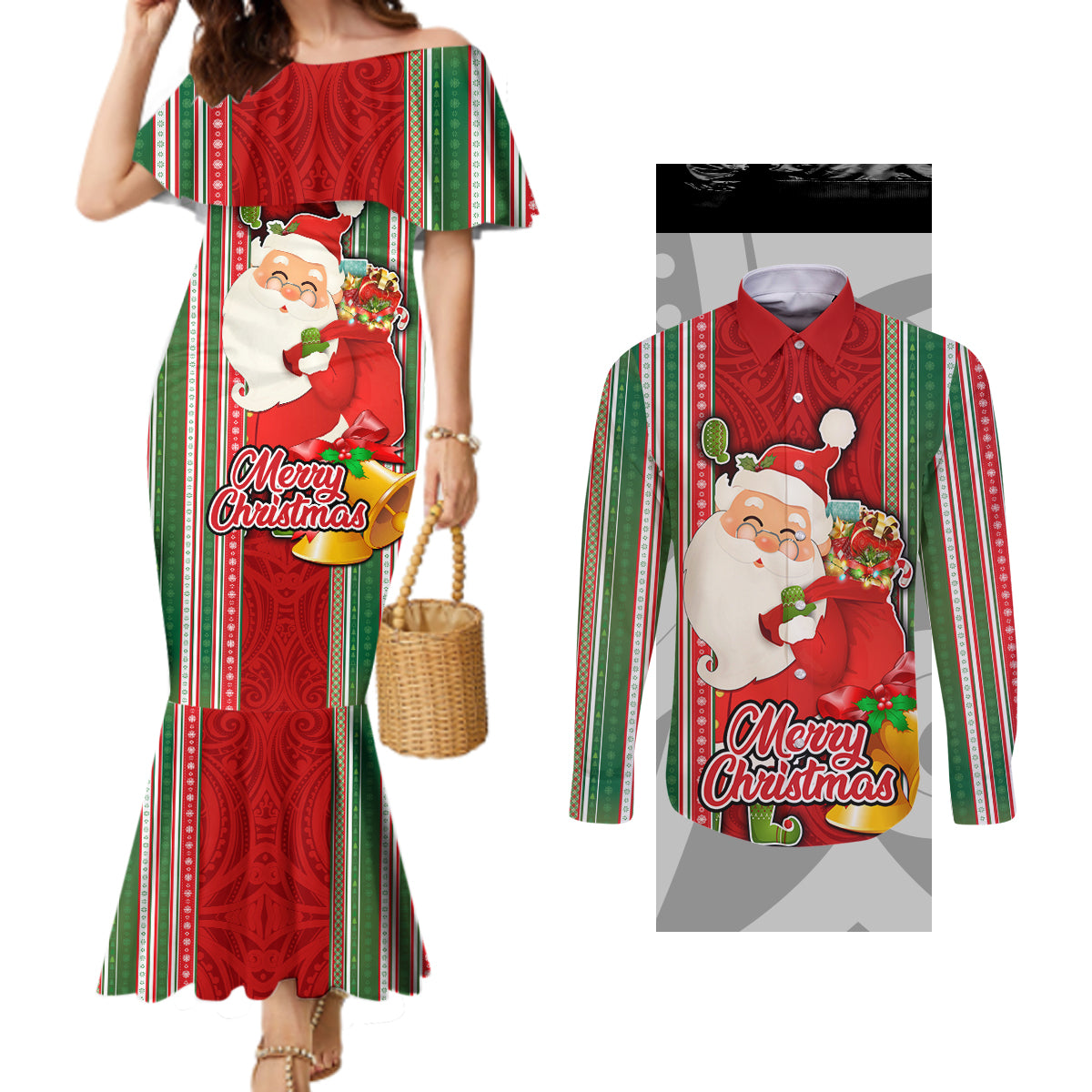 Custom Kiribati Christmas Couples Matching Mermaid Dress and Long Sleeve Button Shirts Santa With Gift Bag Behind Ribbons Seamless Red Maori LT03 Red - Polynesian Pride