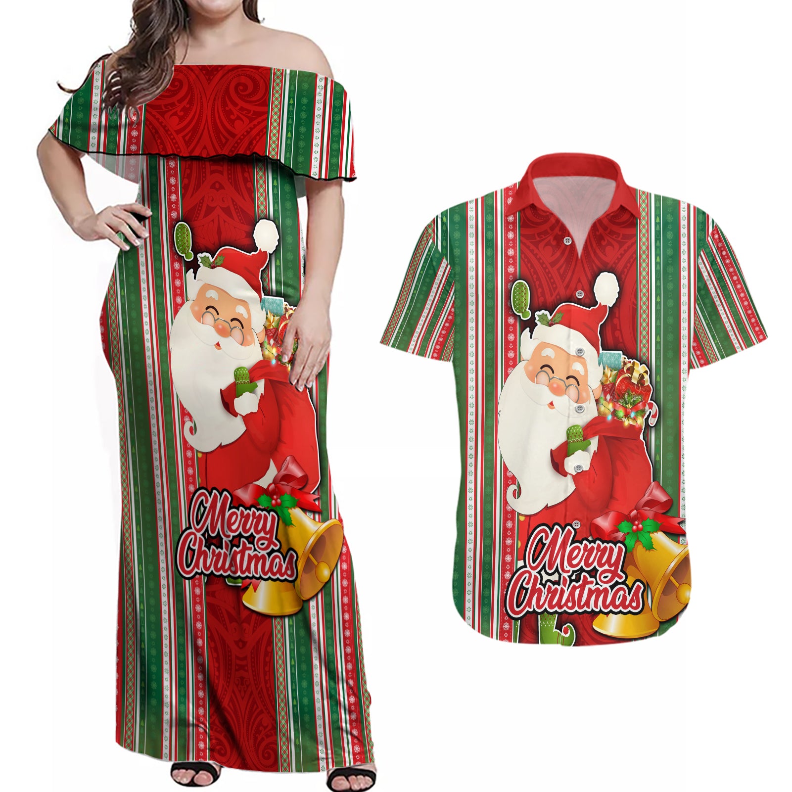 Custom Kiribati Christmas Couples Matching Off Shoulder Maxi Dress and Hawaiian Shirt Santa With Gift Bag Behind Ribbons Seamless Red Maori LT03 Red - Polynesian Pride