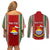 Custom Kiribati Christmas Couples Matching Off Shoulder Short Dress and Long Sleeve Button Shirts Santa With Gift Bag Behind Ribbons Seamless Red Maori LT03 - Polynesian Pride