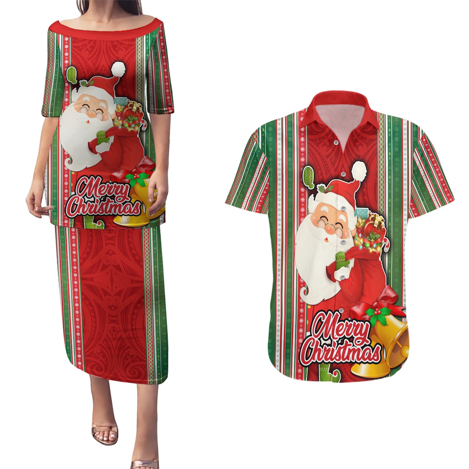 Custom Kiribati Christmas Couples Matching Puletasi Dress and Hawaiian Shirt Santa With Gift Bag Behind Ribbons Seamless Red Maori LT03 Red - Polynesian Pride