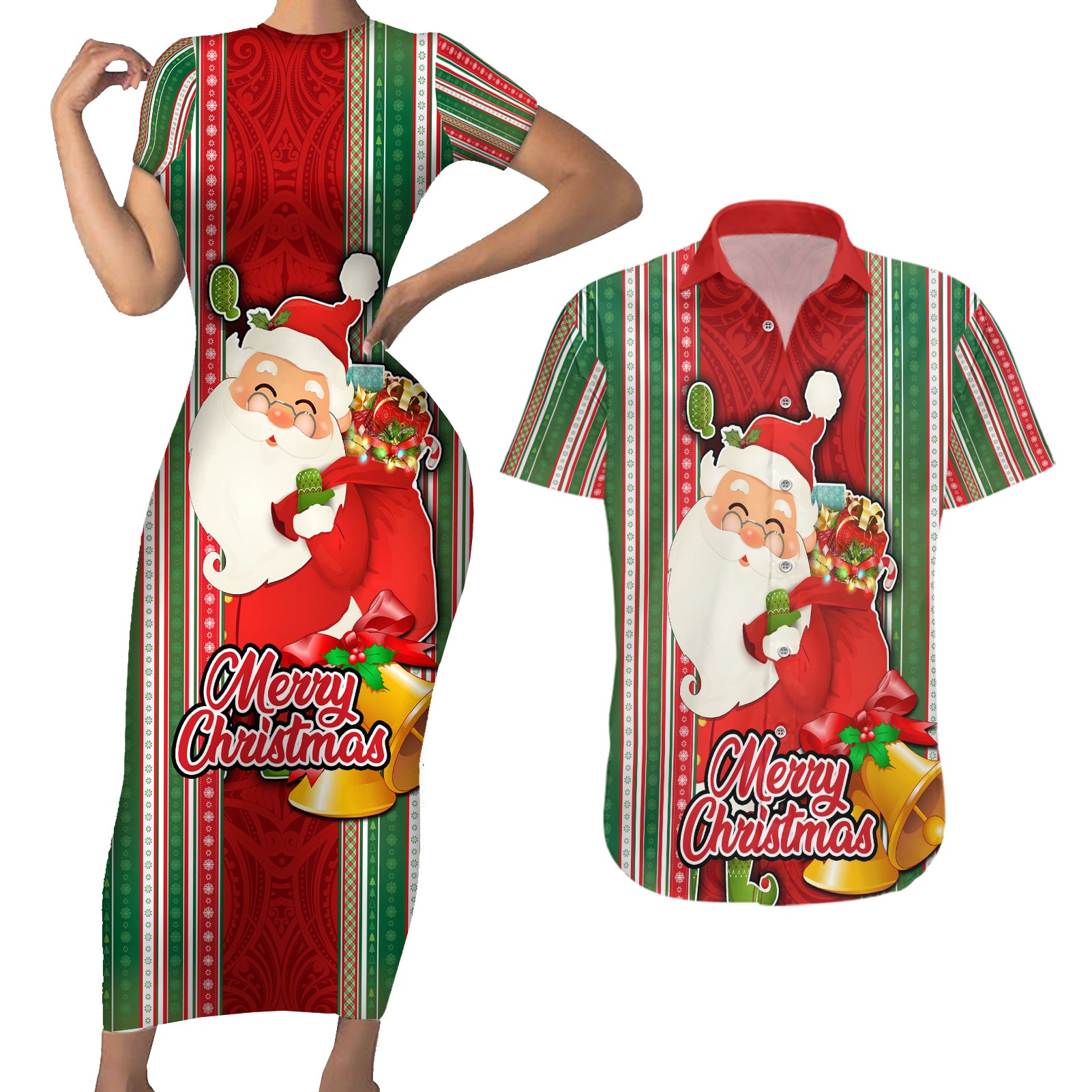 Custom Kiribati Christmas Couples Matching Short Sleeve Bodycon Dress and Hawaiian Shirt Santa With Gift Bag Behind Ribbons Seamless Red Maori LT03 Red - Polynesian Pride